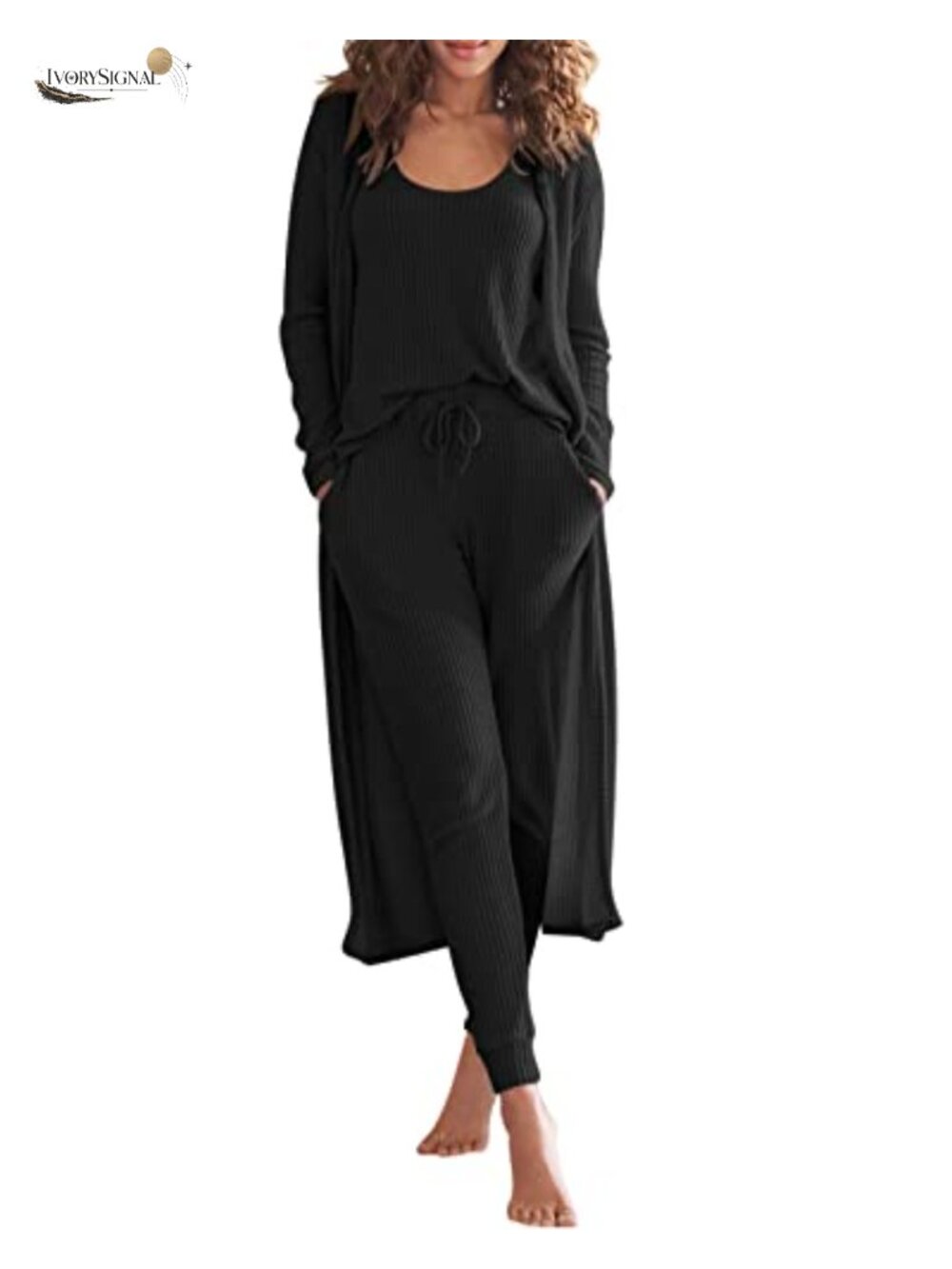 3 Piece Lounge Set Tank Top Jogger Pants Long Cardigan Cotton Blend Loungewear